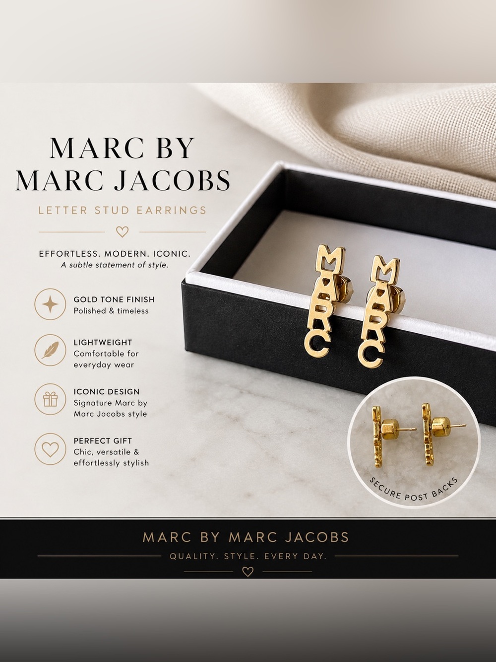 Marc by Marc Jacobs Gold Logo Drop Earrings | Rare Archive Piece